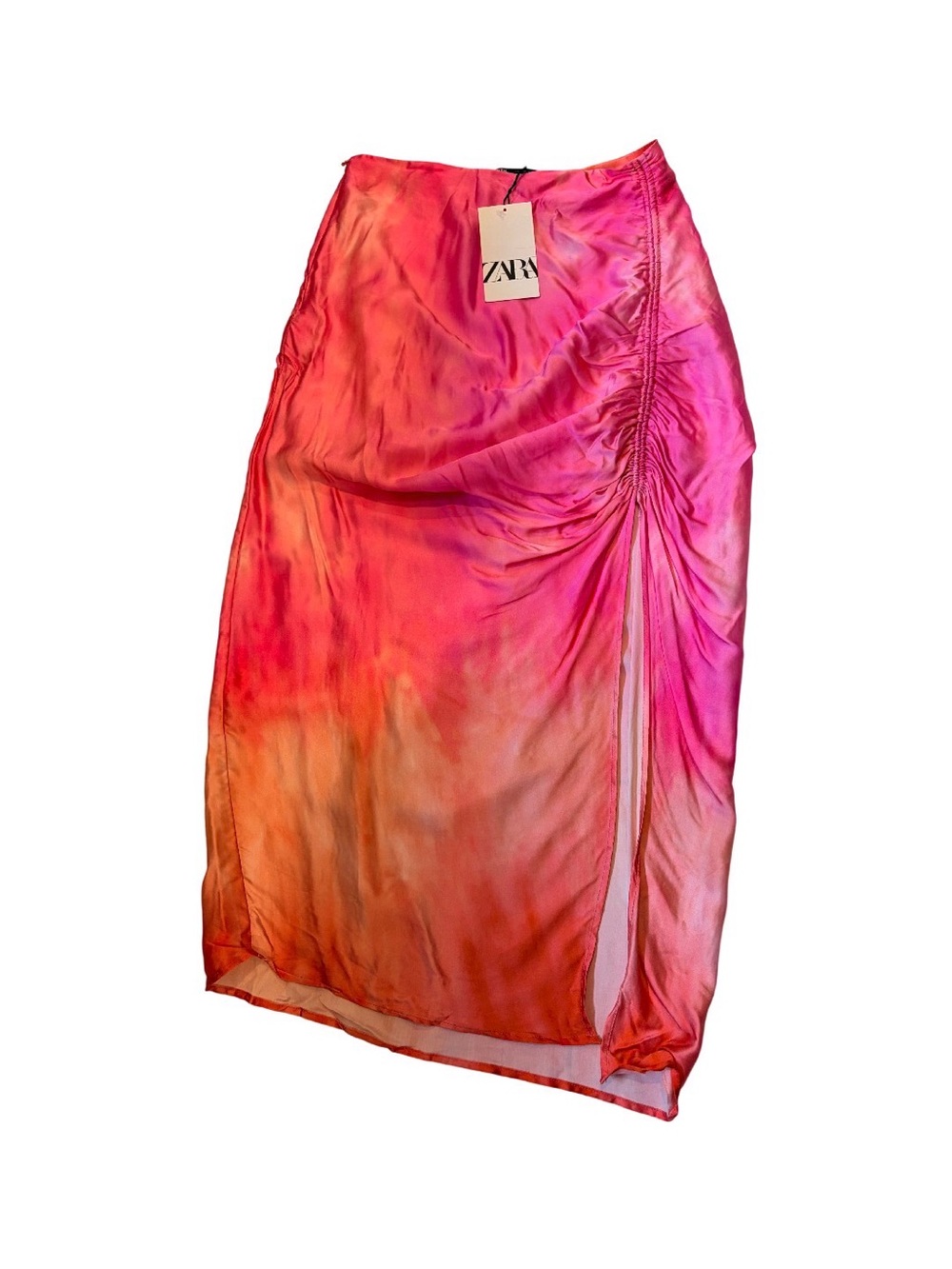 Zara Pink and Orange Satin Ruched Midi Skirt